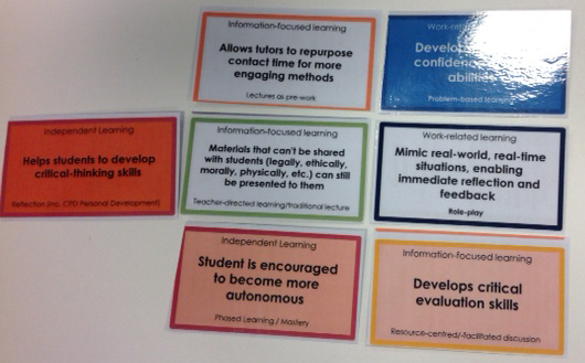 Cards to use for different learning approaches in workshops